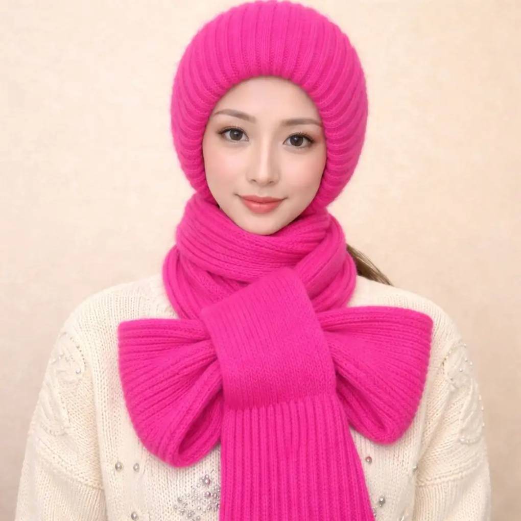 Winter Protection Windproof Cap with Scarf ( Hot Pink)